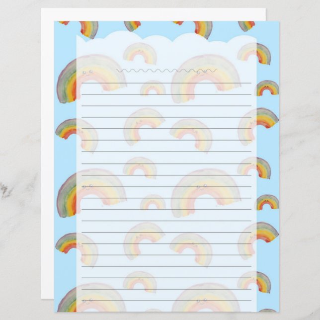 Light Blue Kawaii Rainbow Stationery Paper (Frente/Verso)