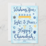 Light & Peace Happy Chanukah<br><div class="desc">Um cartão temático judeu Hanukkah com uma menorah,  Estrela de David e Driedel. O texto diz Wishing You Light & Peace Happy Chanukah. O fundo é uma lavagem de aquarela azul-clara. Clique em Personalizar para personalizar a parte de trás com sua própria mensagem,  foto e/ou logotipo da empresa.</div>