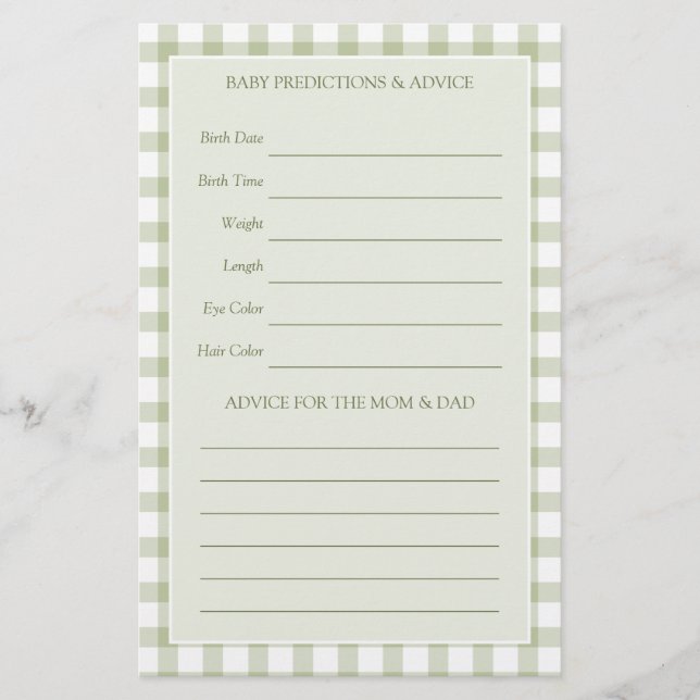 Light Sage Green Gingham Baby Shower Guessing Game (Frente)