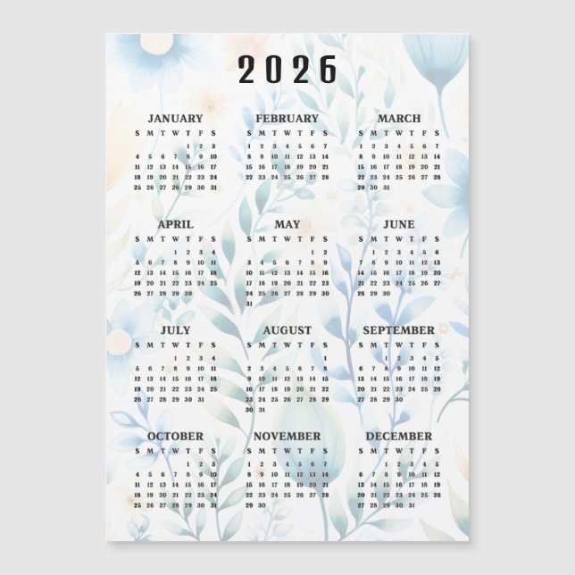 Lightly Floral Design 2026 Calendar Magnetic Card (Frente)