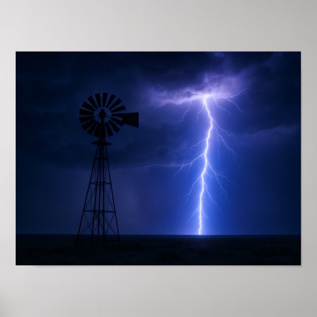 Lightning Strike Windmill Poster - Dramatic Texas  (Frente)
