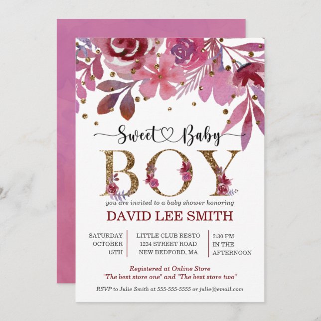 Lila e Dourado Confetti Boy Convite para Chá de fr (Frente/Verso)