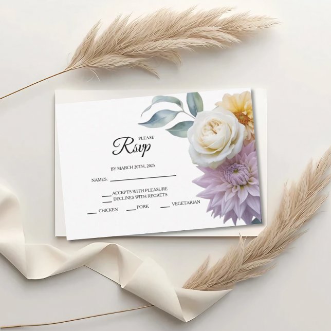 Lilac And Butter Yellow Floral Wedding RSVP Cards (Criador carregado)