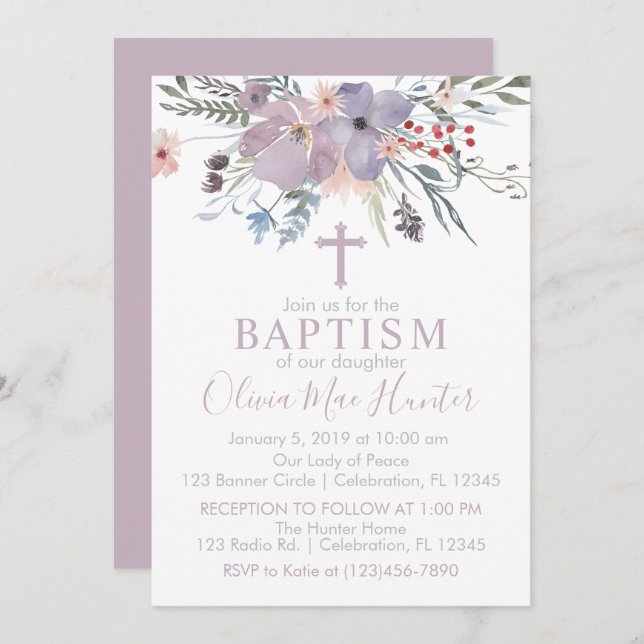 Lilac Flowers Girl Baptism Convite (Frente/Verso)