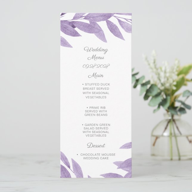 Lilac Greenery Watercolor Menu de Casamento (Em pé/Frente)