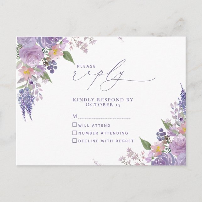 Lilac Lavanda Moderno Floral Sem Menu RSVP (Frente)