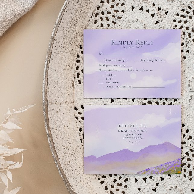 LIlac Noite Romântica Paisagem Noturna Cartão RSVP (Romantic LIlac Night Landscape Wedding RSVP Card on a neutral boho wedding table.)