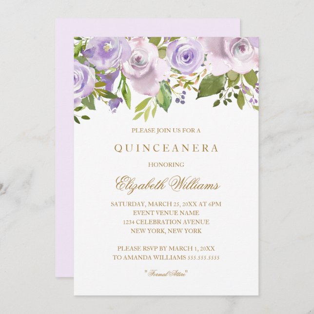 Lilac Purple Watercolor Quinceanera Floral Convite (Frente/Verso)