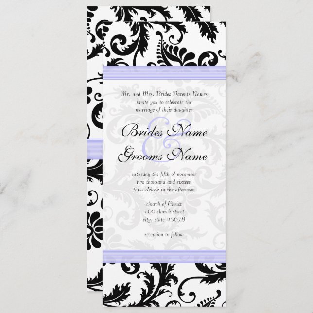 Lilac Trim Black Damask Swirls Convite Para Casame (Frente/Verso)