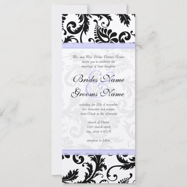 Lilac Trim Black Damask Swirls Convite Para Casame (Frente)