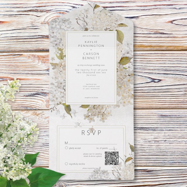 Lilases Brancos Românticos Russos no Código QR Bra (Rustic Romantic White Lilacs on White QR Code All In One Invitation)