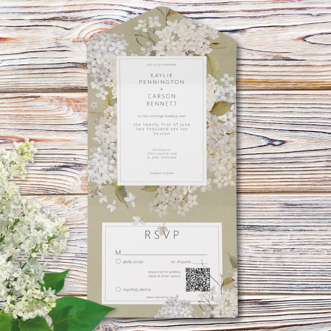 Lilases Brancos Românticos Russos no Código QR da  (Rustic Romantic White Lilacs on Sage QR Code All In One Invitation)