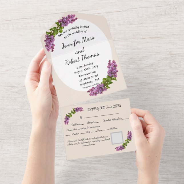 Lilases e Creme Tudo em um Convite de Casamento (Aba destacável)