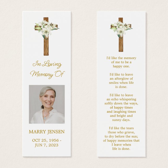 Lily Cross Photo Funeral Memorial Bookmark (Frente & Verso)