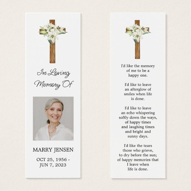 Lily Cross Photo Funeral Memorial Bookmark (Frente & Verso)