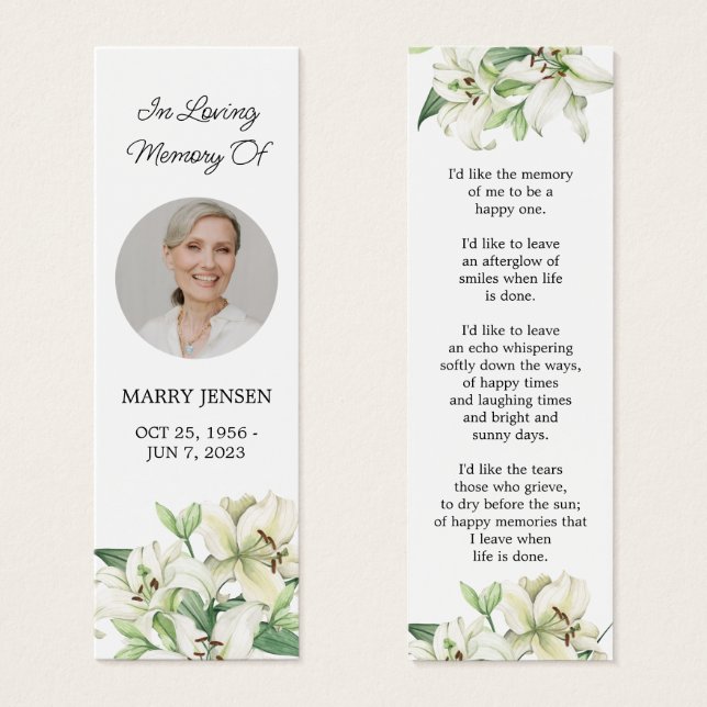 Lily Floral Photo Funeral Memorial Bookmark (Frente & Verso)