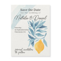 Limão com ilustração botânica das folhas azuis