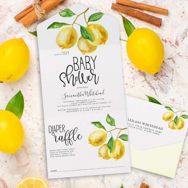 Limão Largar Fralda de Aquarela Chá de fraldas Raf (Lemon citrus watercolor baby shower all in one invitation includes a tear away diaper raffle.)