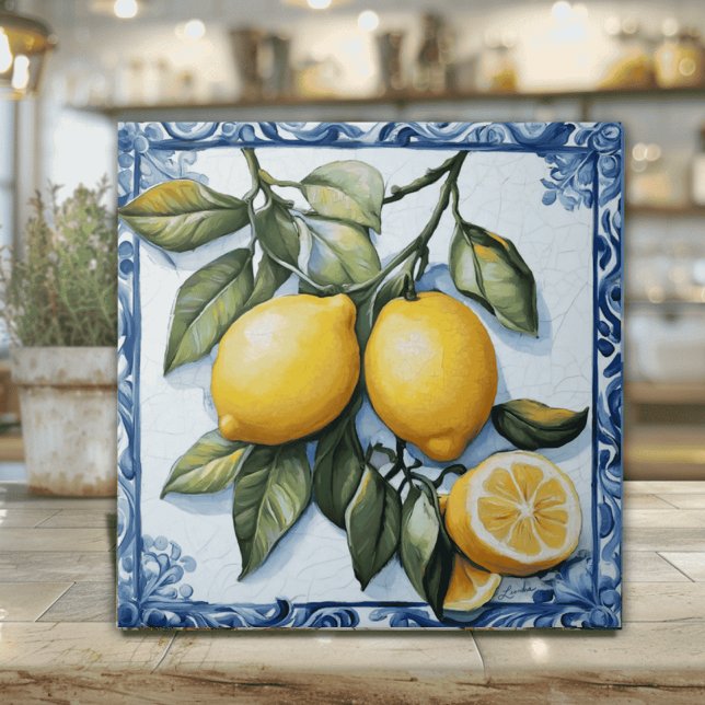 Limão Siciliano Vintage com Borda Azul (Artisan Italian Lemons Ceramic Tile with blue painted border)