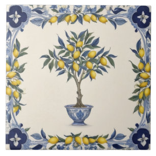 Limoeiro em vaso azul e branco com bordas de limõe