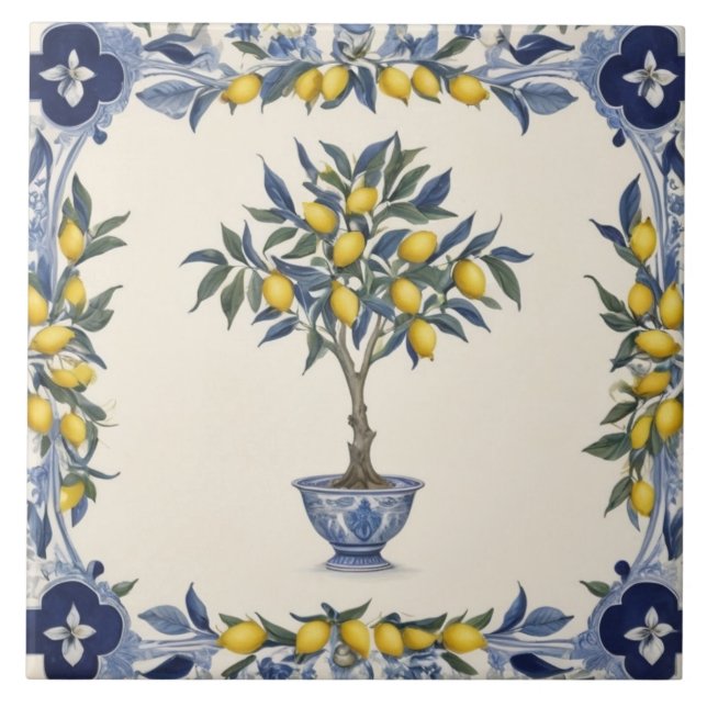 Limoeiro em vaso azul e branco com bordas de limõe (Frente)