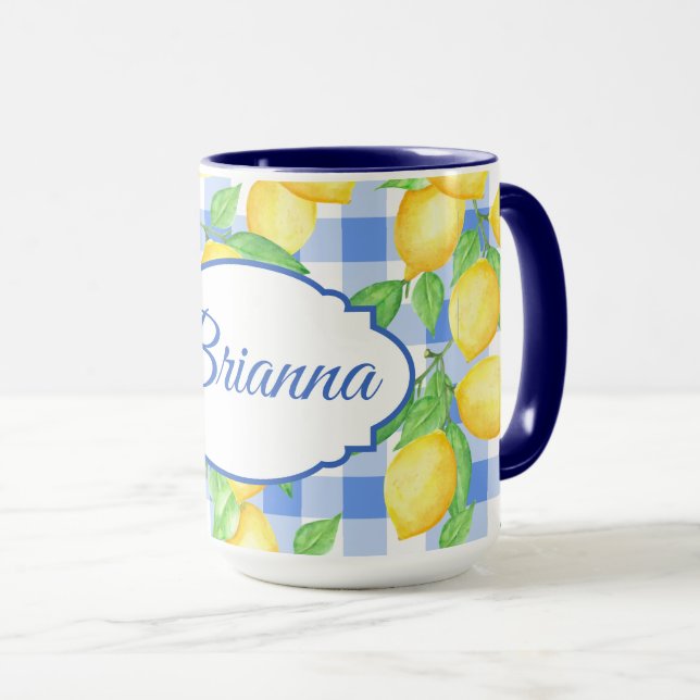 Limões Brilhantes na caneca Gingham Azul e Branca (Frente Esquerda)