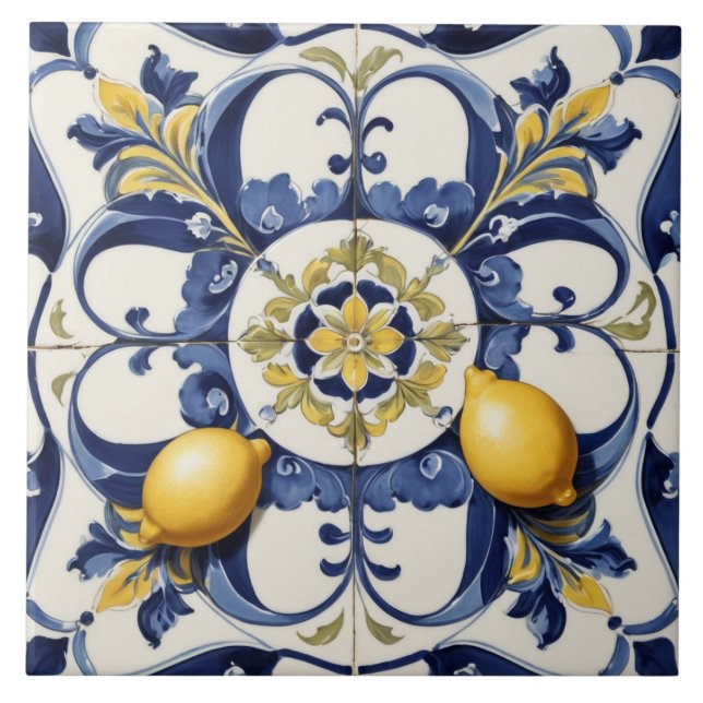 Limões cerâmicos italianos Azulejo branco azul (Frente)