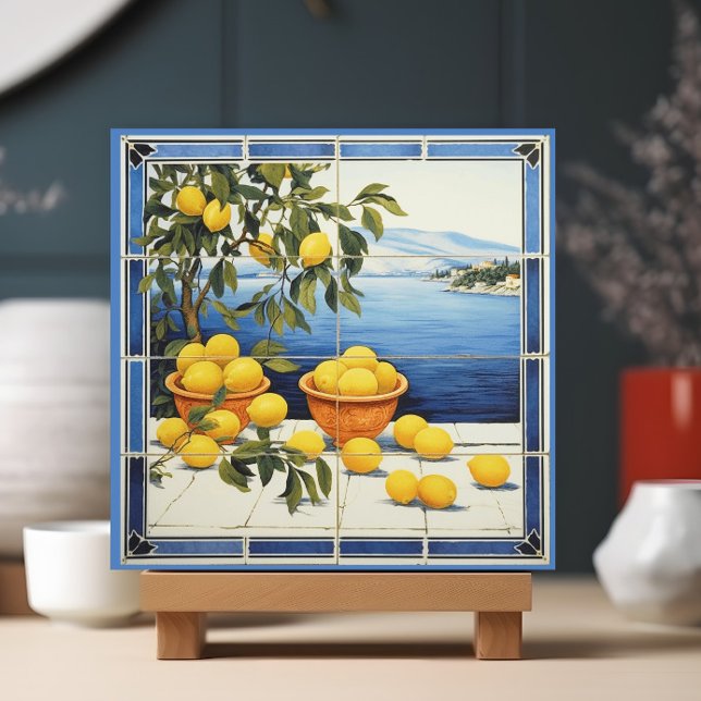 Limões de Grécia (A ceramic tile showing a Grecian landscape with lemons is shown in a display stand.)