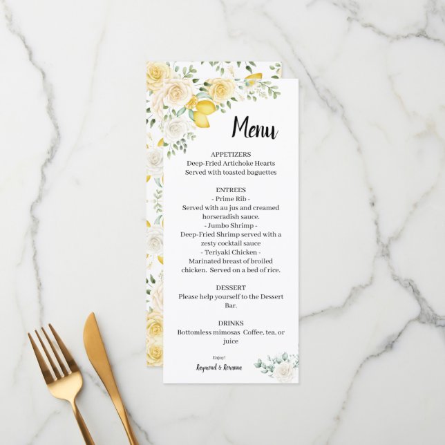 Limões e Rosas Menu Chá de panela de Casamento (Frente/Verso In Situ)
