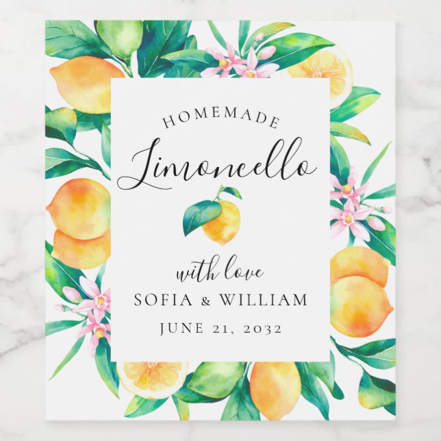 Limoncello Aquarela Limões Rótulo do Frasco Líquid (Rótulo Único)