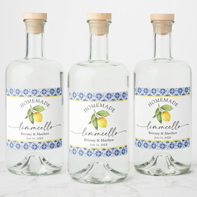 Limoncello Calliografia Azul Azulejo Aquarela Limã (Garrafas)
