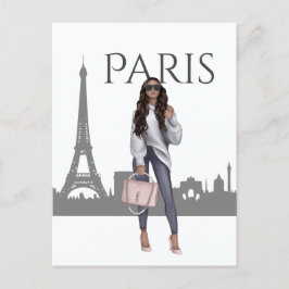 Linda garota em Paris com cartão postal da Torre E