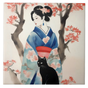 Linda garota japonesa com um gato preto