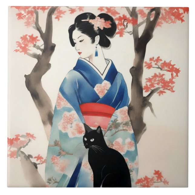 Linda garota japonesa com um gato preto (Frente)