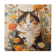 Linda Gato Calico Com Flores Marigold