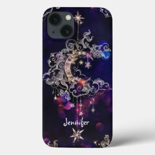 Linda Lua Boho Stars Texto Personalizado Roxo Azul