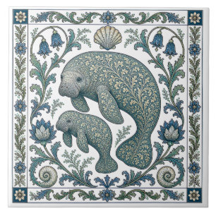 Linda Mãe e Bebê Peixe-boi Vintage Ornamentado