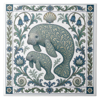 Linda Mãe e Bebê Peixe-boi Vintage Ornamentado