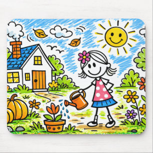 Linda Menina Regando Flores Mouse Pad