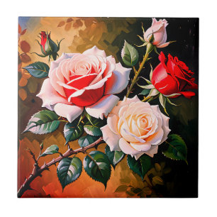 Linda pintura a óleo de rosas rosa branco vermelho