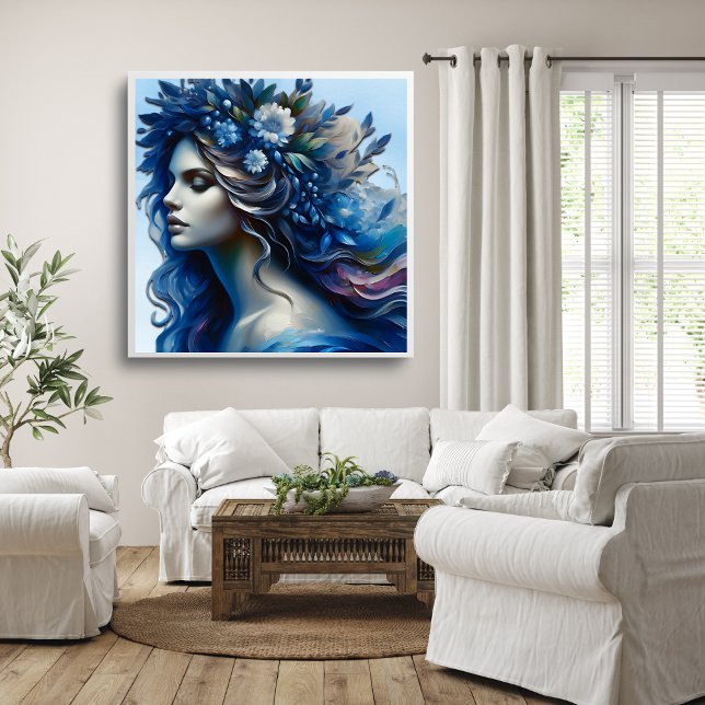 Linda Poster de Trendy Art da Mulher Azul (Beautiful Blue Woman Trendy Art Poster Mockup 1)