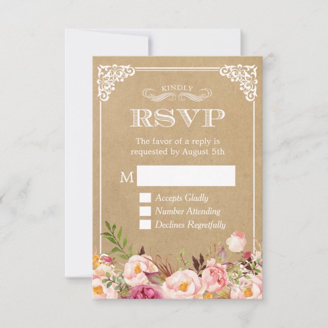 Linda Rustic Floral Kraft Elegant Weding RSVP (Frente)