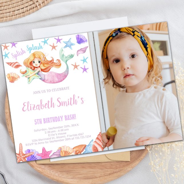 Linda Sereia Convite de Aniversário com Foto (Beautiful Mermaid Birthday Invitations with photo)