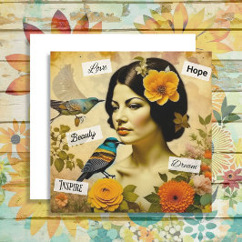 Linda Vintage Mulher com Aves e Flores