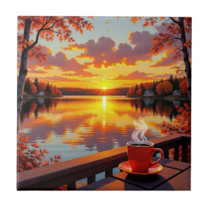 Linda Vista do Lago de um Nascer do Sol e Café Que