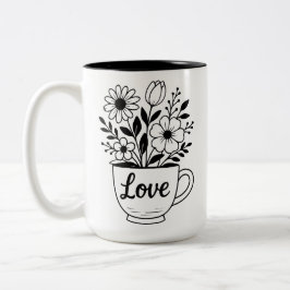 Linda xícara de chá preta com flores caneca