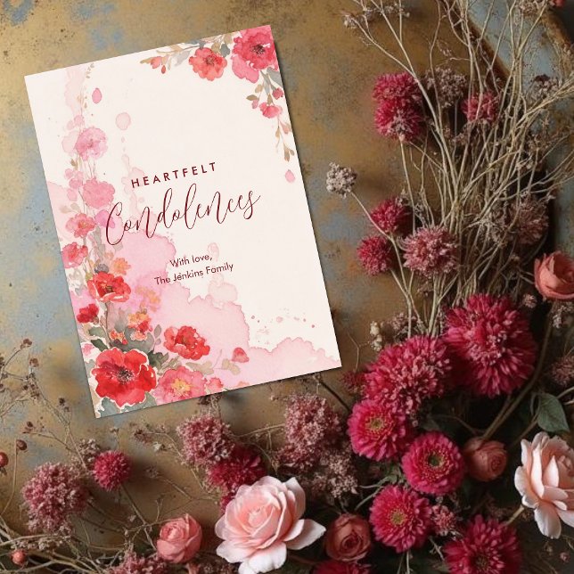 Lindas Cores Botânicas Suaves Tons Vermelhos de Si (Lovely Spring Botanical Colorful Soft Red Shades Sympathy Card Design. )