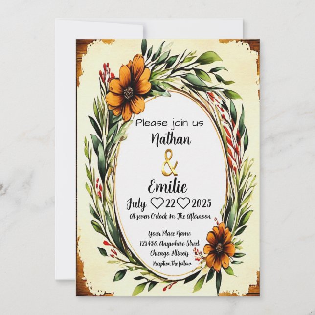 Lindas e elegantes flores laranja rústicas Convite (Frente)