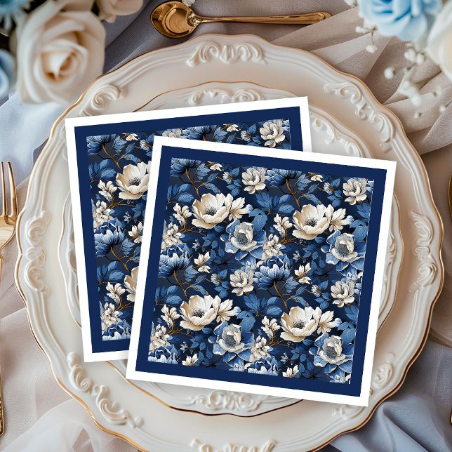 Lindas Guardanapos de Mesa Florais Azul Marinho e  (Beautiful Navy Blue Ivory Floral Table Napkins)