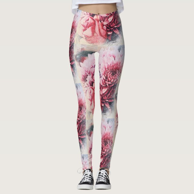 Lindas Rosas Rosa de Crisântemo Flores Leggings (Frente)